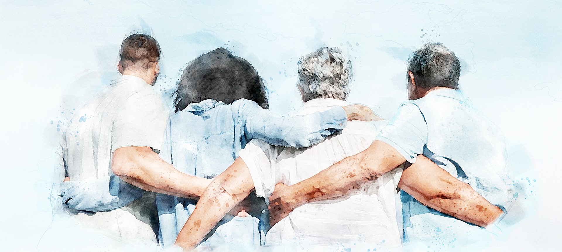Aquarellillustration von vier Personen, die nebeneinander stehen und sich gegenseitig die Arme um die Schultern legen, von hinten dargestellt.